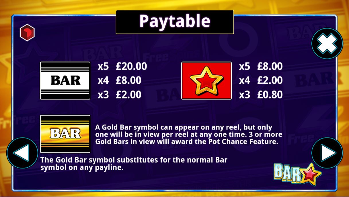 Bar Star paytable