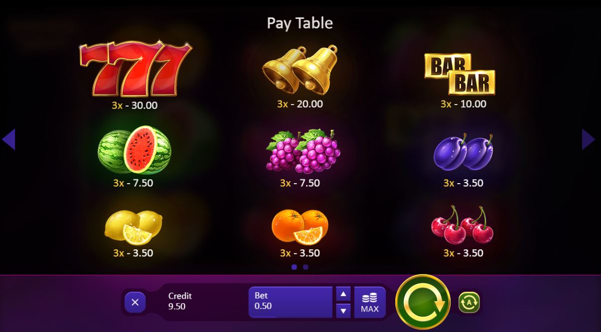 Burning Wins casino game Paytable