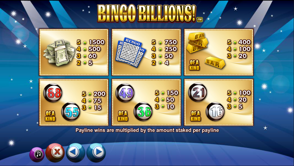 Bingo Billions online slots game paylines paytable info