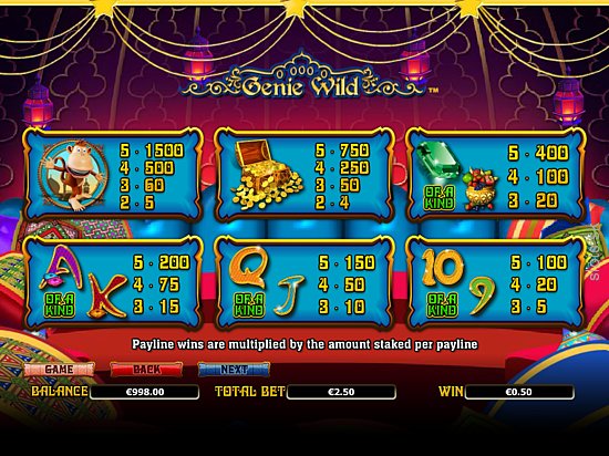 Genie Wild online slots game paytable info