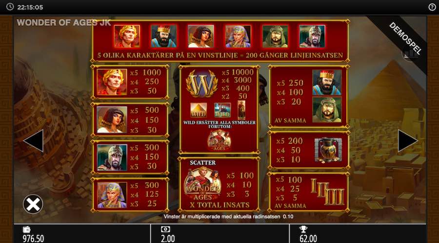 Wonder of Ages Slot Paytable